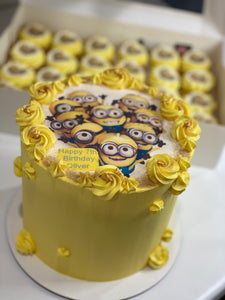 6" Yellow minion  cake + 24 mini cupcakes