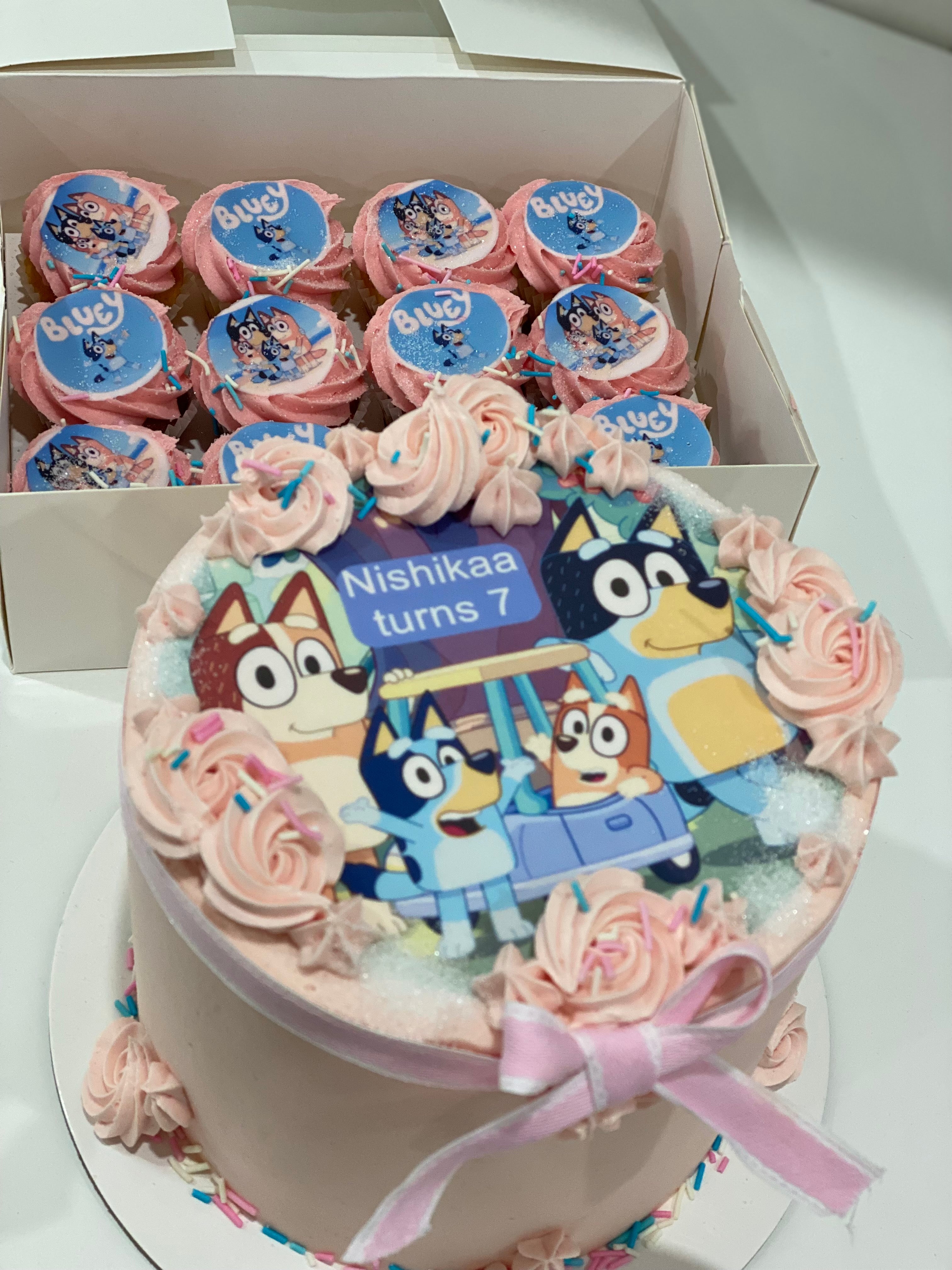 4” Bluey & family CAKE +  cupcakes (12 mini )