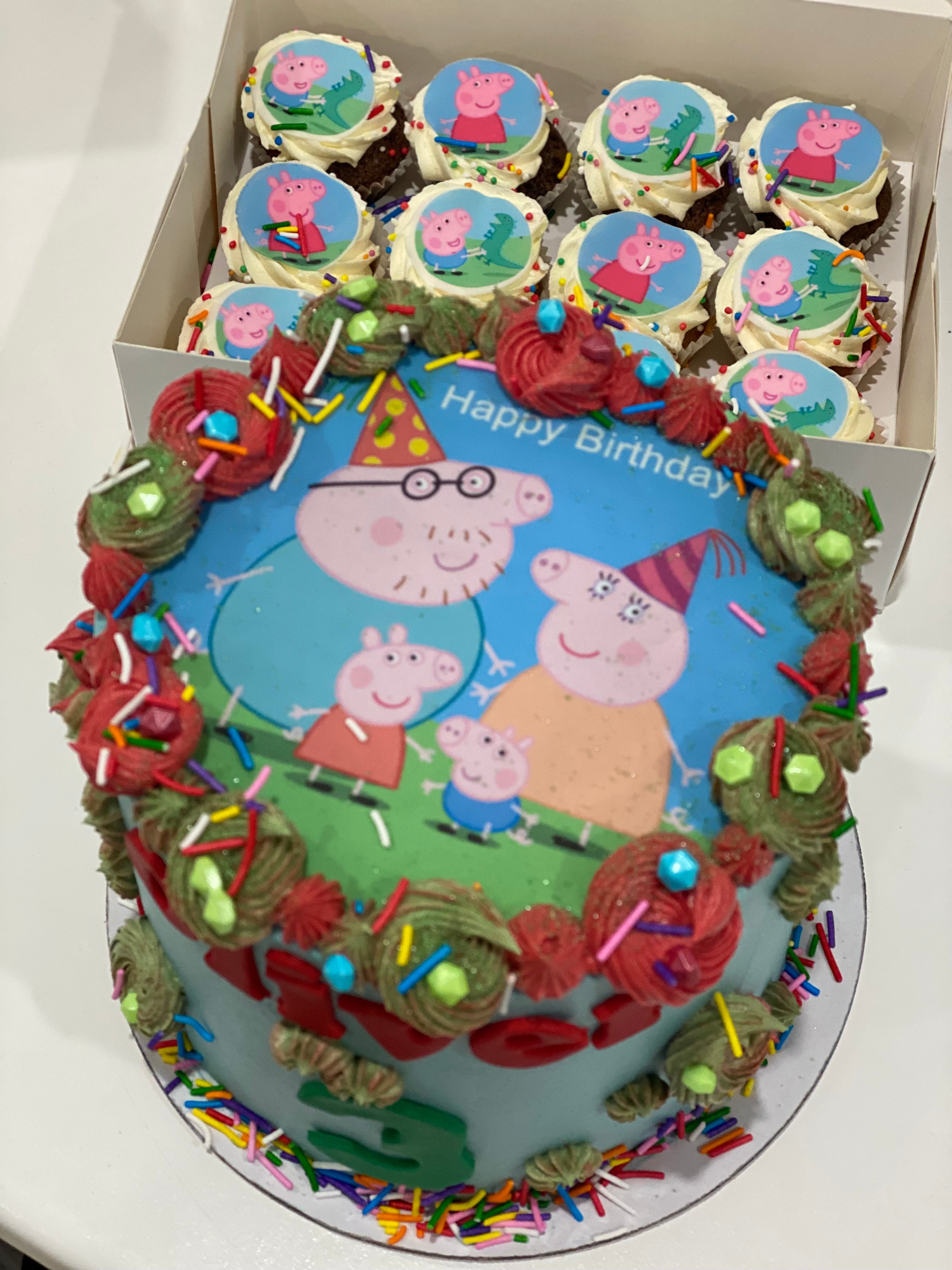 4” Peppa pig & family CAKE +  cupcakes (12 mini )