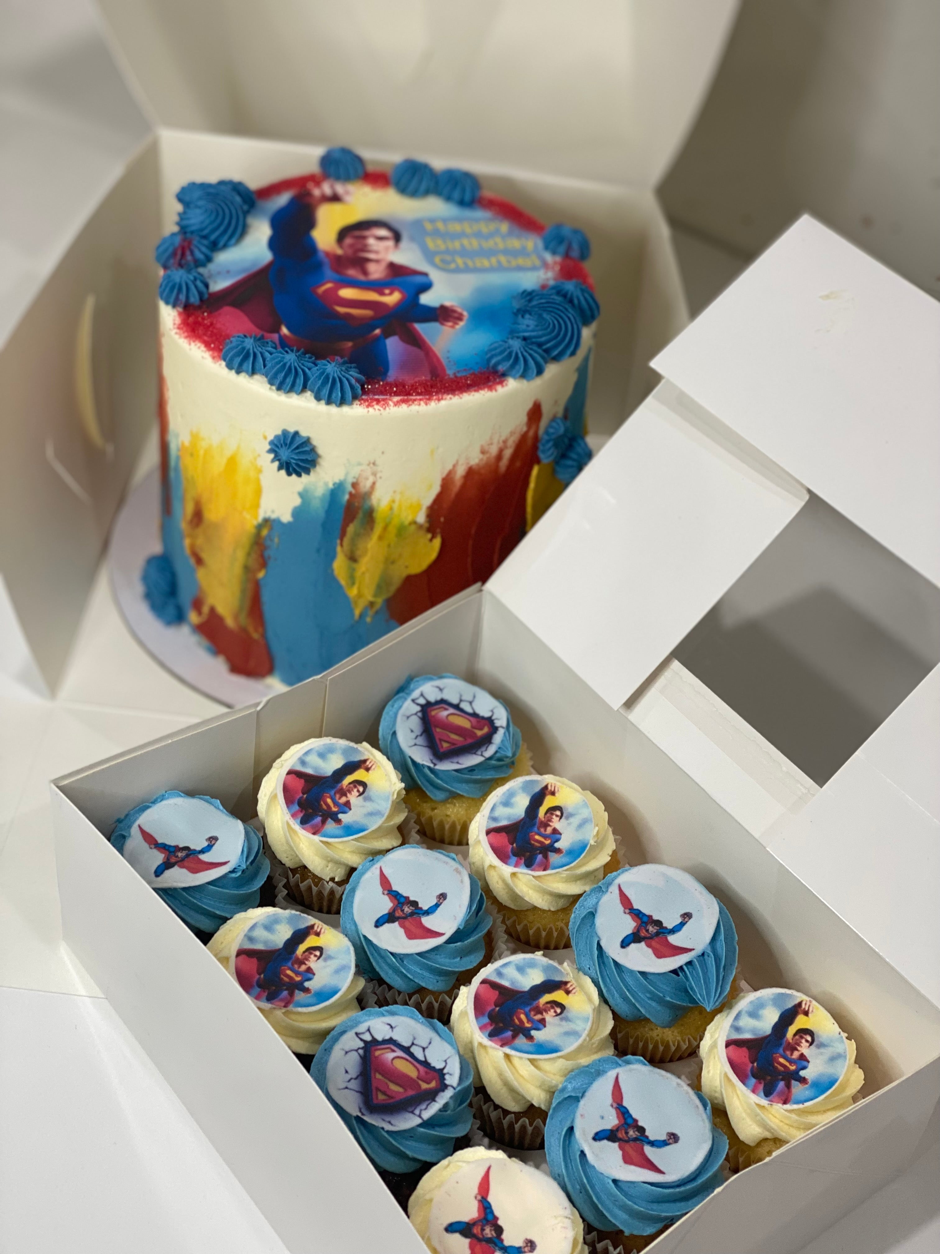 4” SUPERMAN CAKE +  cupcakes (12 mini )