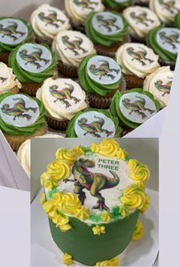 T REX IMAGE 6” CAKE +  cupcakes (12 mini )