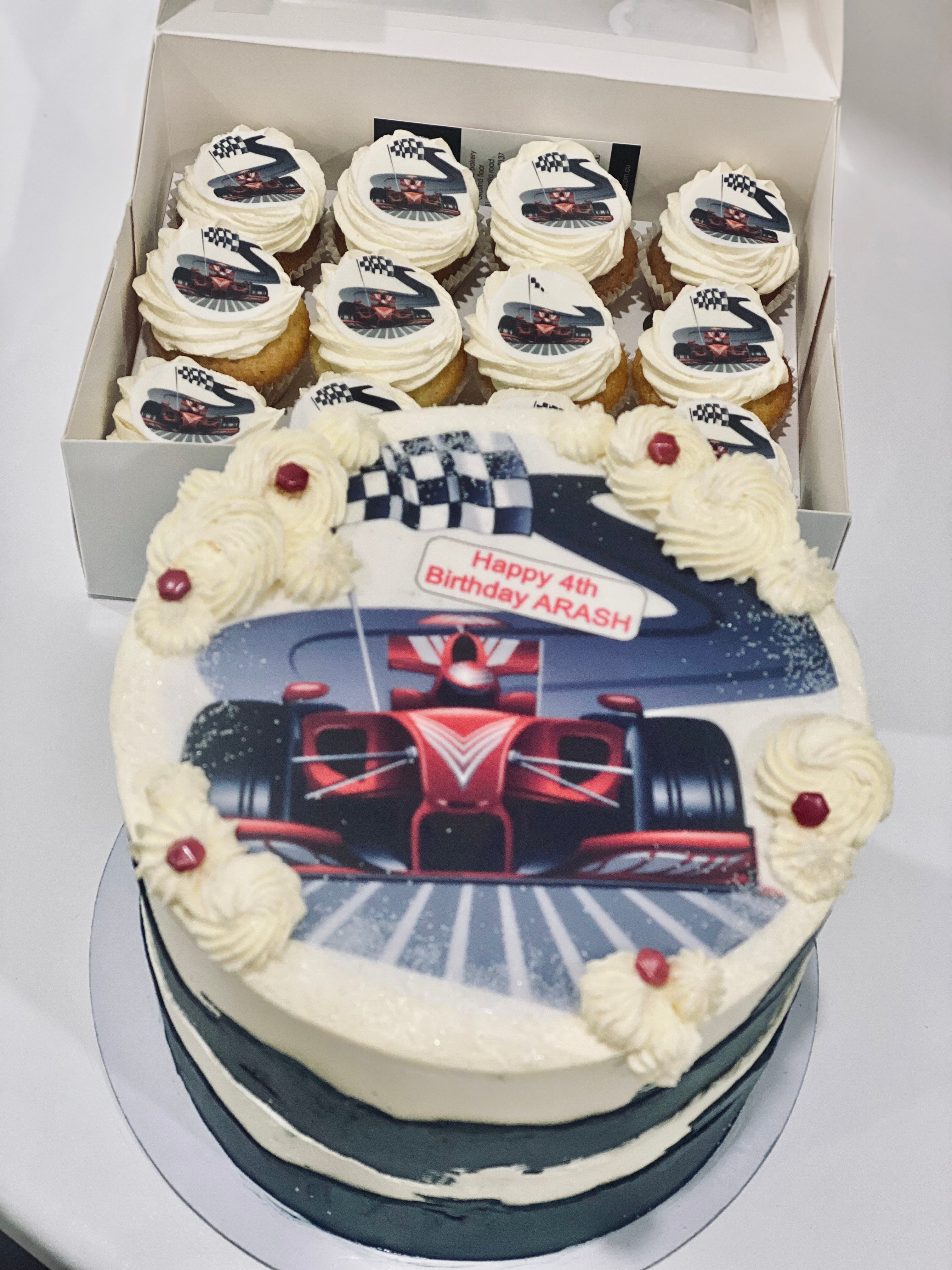 6" RACING CAR CHECKS cake + 24 mini cupcakes