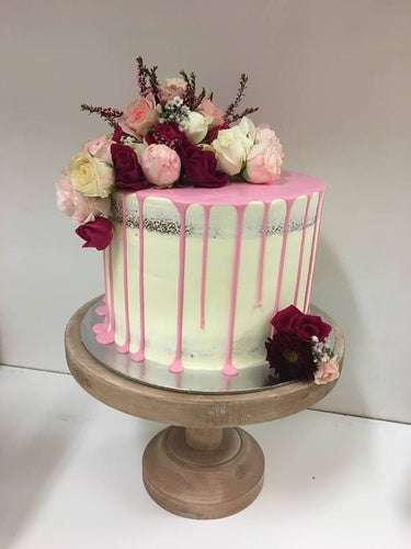 8"  double stack MAROON PINK FLOWERS NAKED cake