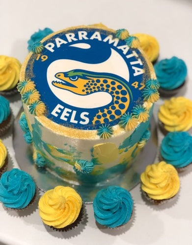 6" EELS NRL FOOTBALL cake + 24 mini cupcakes